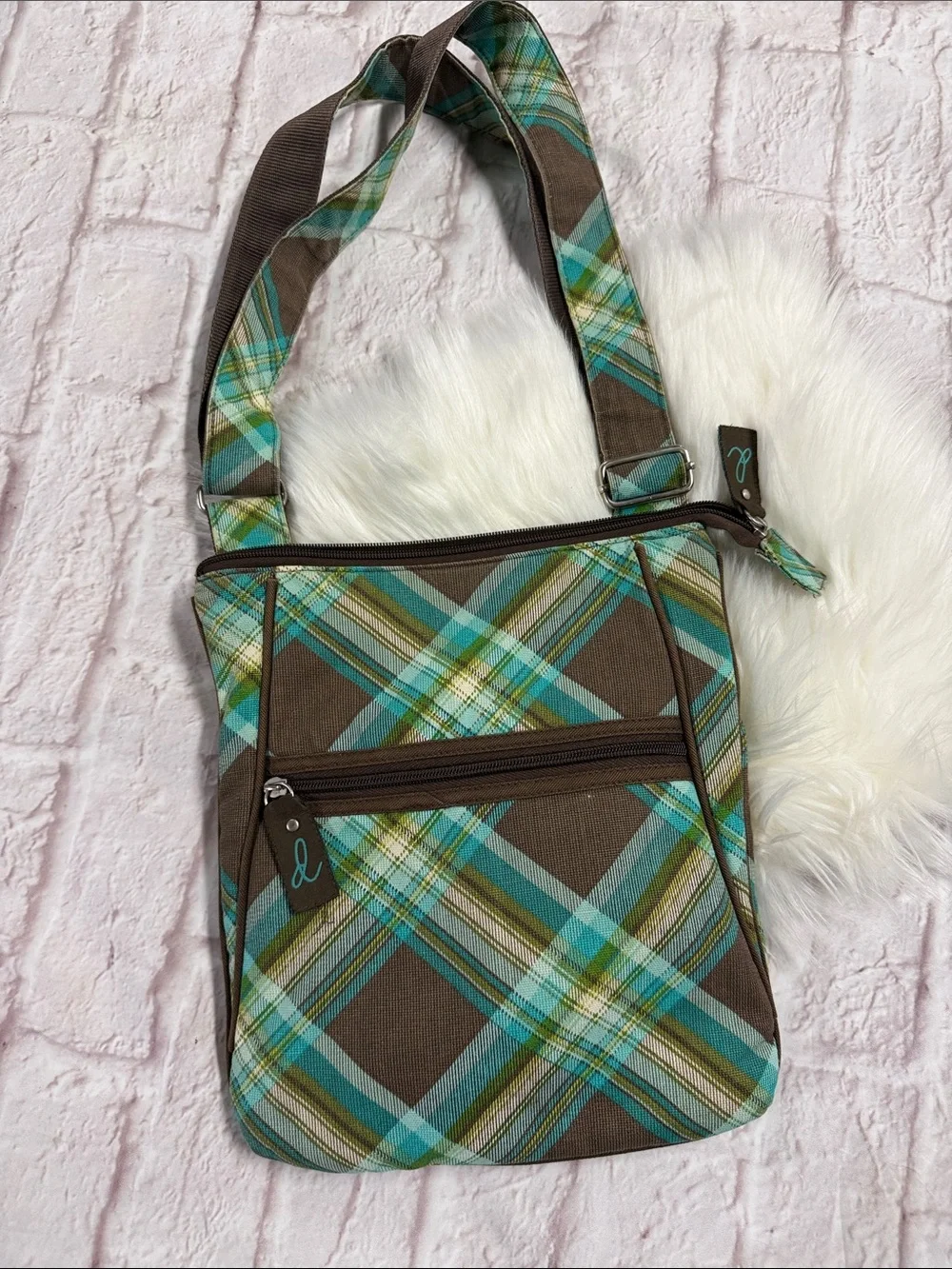 Thirty-one Brown Plaid Crossbody with Teal and Brown Accents